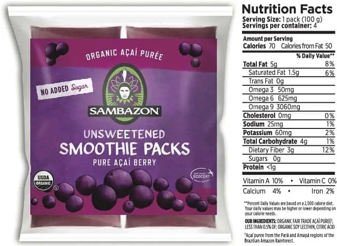 Sambazon acai nutrition label