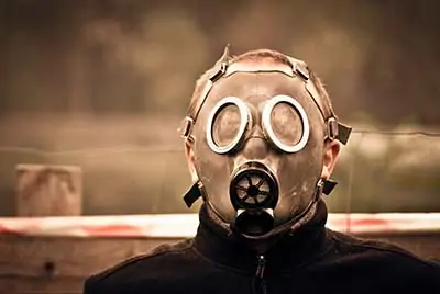 boy wearing gas mask