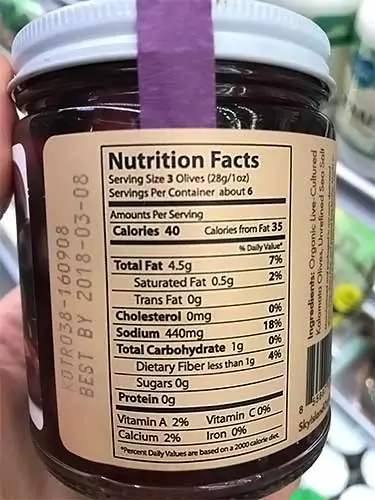 nutrition facts label on kalamata olives glass bottle