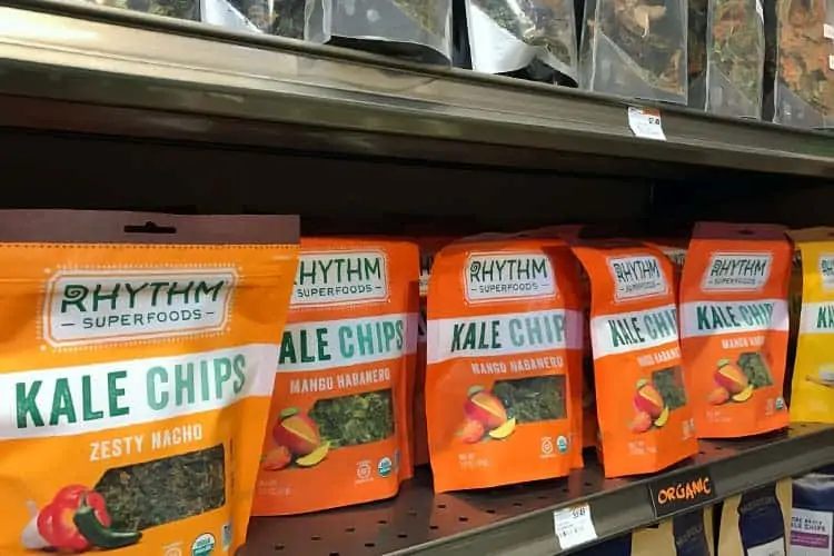 bags of Rhythm kale chips for sale at Erewhon store