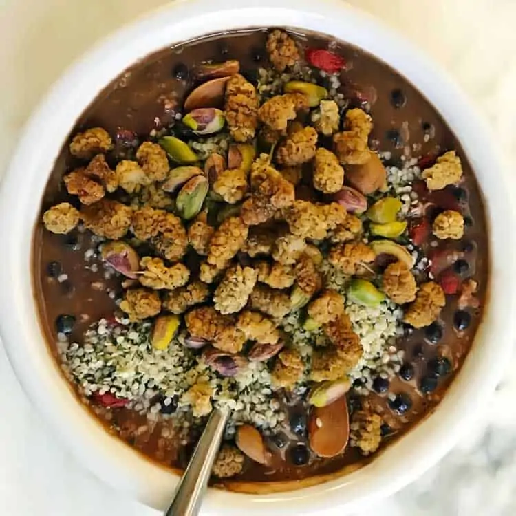 chocolate oatmeal with mulberries, hemp, pistachios and goji