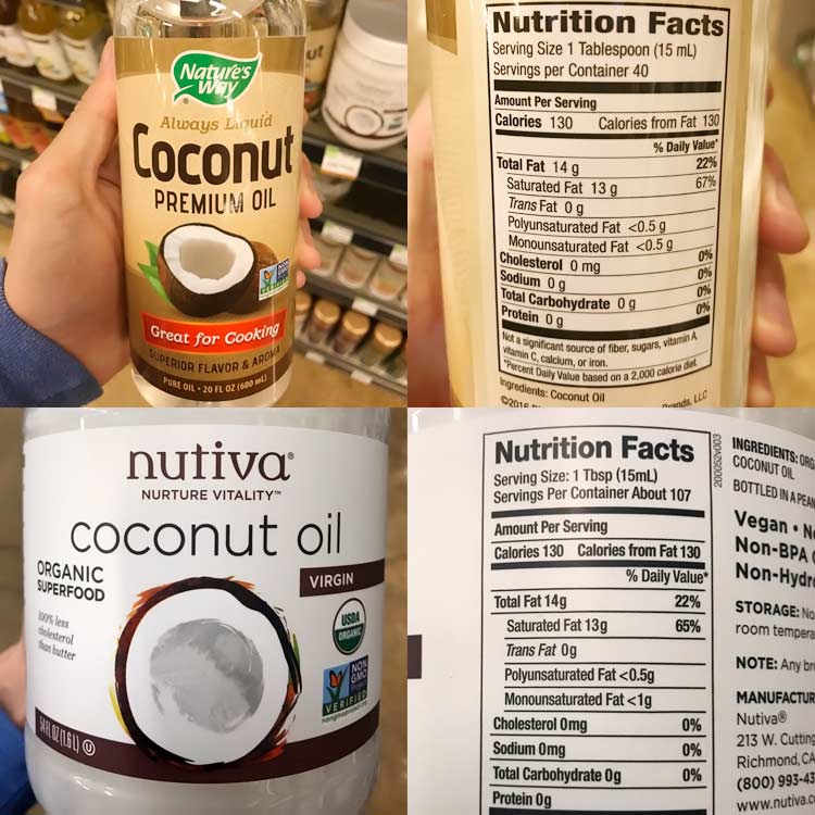 nutrition fact labels for Nature's Way fractionated and Nutiva virgin coconut oils