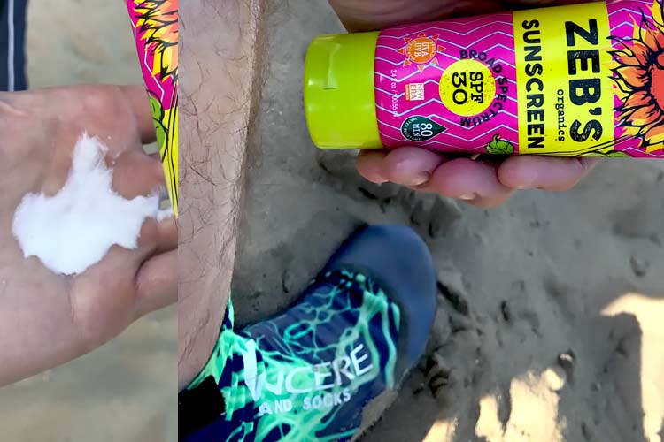 Zeb's organic sunscreen in palm of hand and on leg