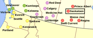 map showing location of Saskatoon city in Canada