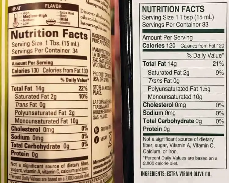 nutrition facts label for avocado oil and olive oil