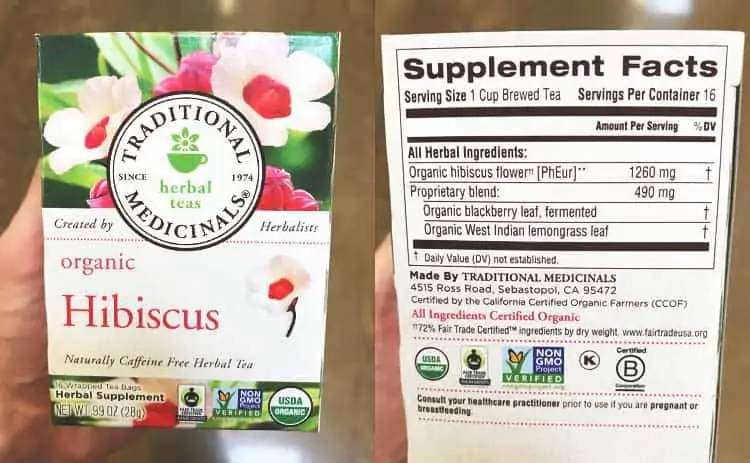 Traditional Medicinals organic hibiscus tea box and supplement facts