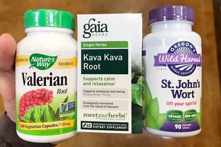 bottles of valerian, kava kava root, and St. John's wort that are bad for general anesthesia