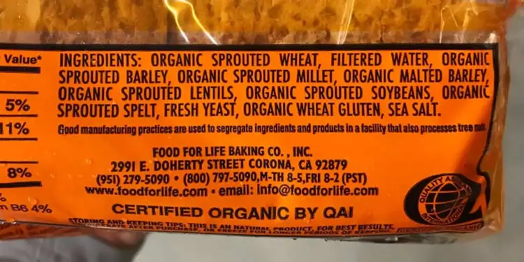 ingredients label for Ezekiel bread, original recipe