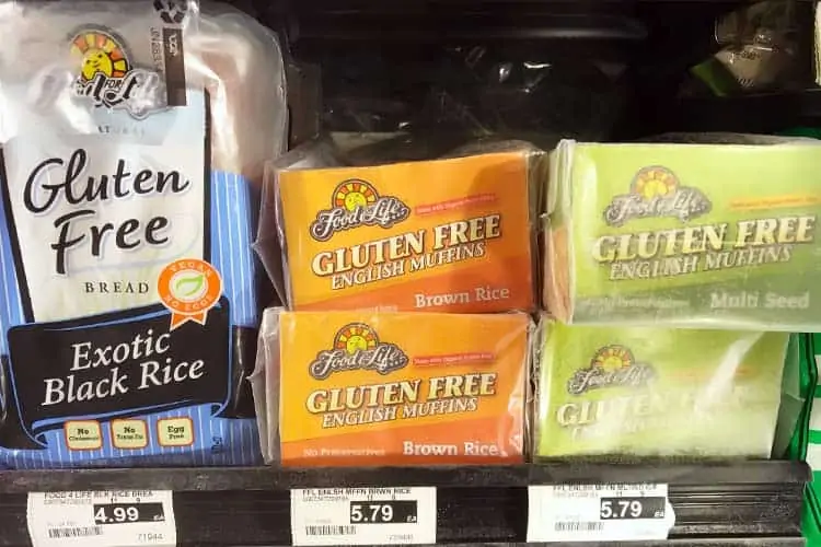 Food For Life GF black rice bread and English muffins in freezer aisle