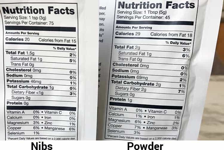 nutrition facts labels for cacao nibs and powder