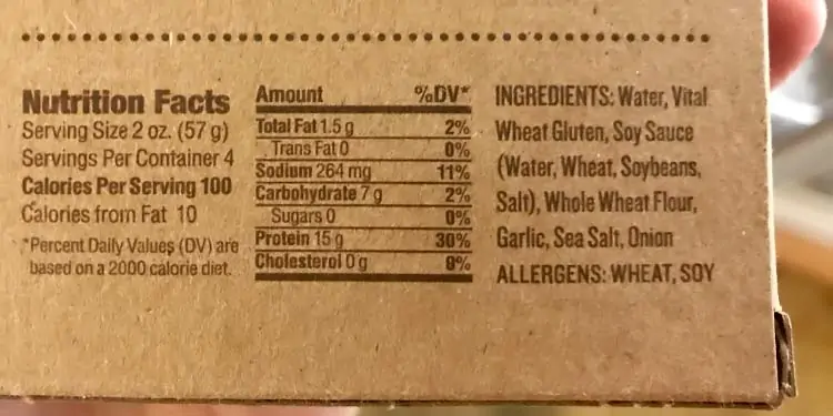 plain seitan nutrition facts label and ingredients