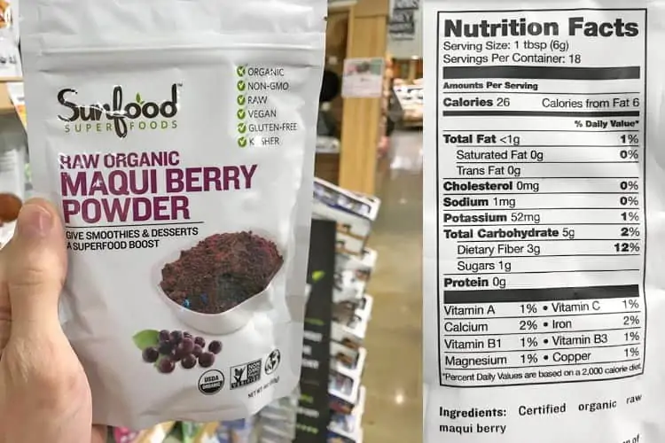 nutrition facts label for organic freeze-dried maqui powder