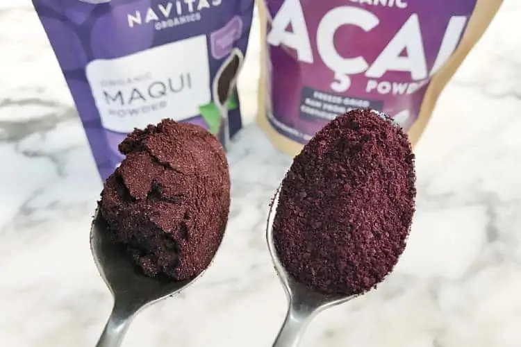spoons of maqui berry and acai powders
