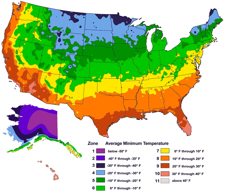 map of USDA hardiness zones in the United States