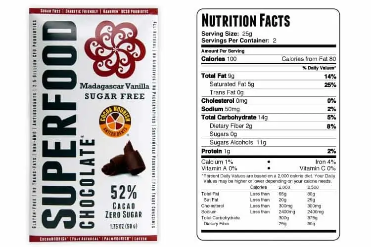 zero sugar chocolate bar with nutrition facts label