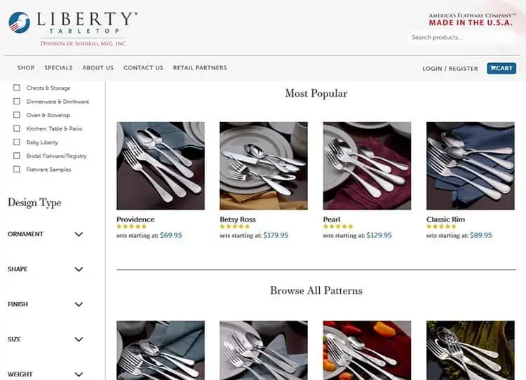 Made in USA silverware on Liberty's website