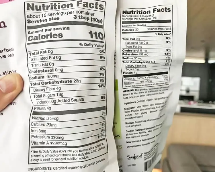 nutrition facts for goji powder and dried goji berries compared