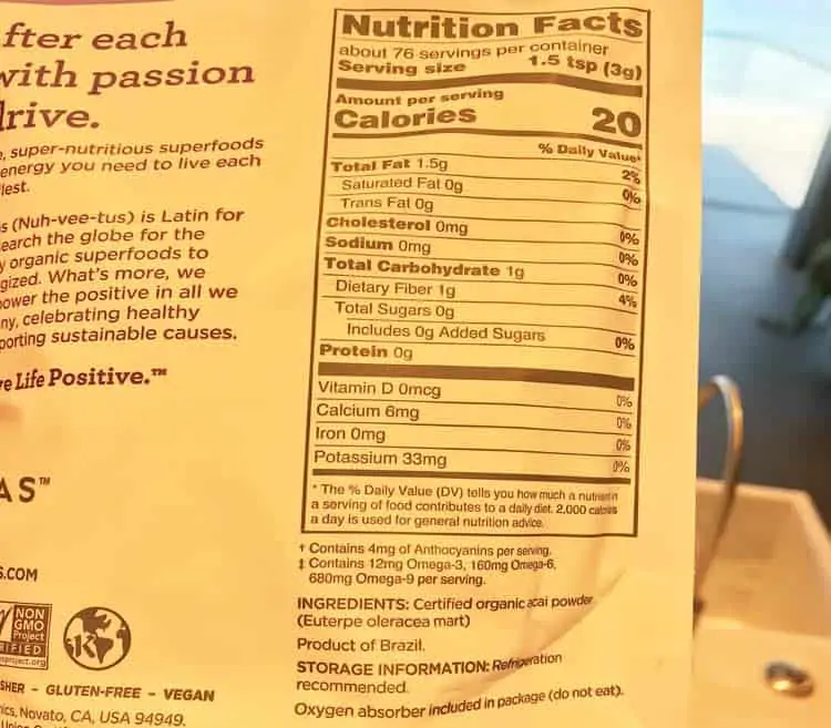 Navitas Organics acai nutrition facts label showing calories, sugar, fat, and protein content