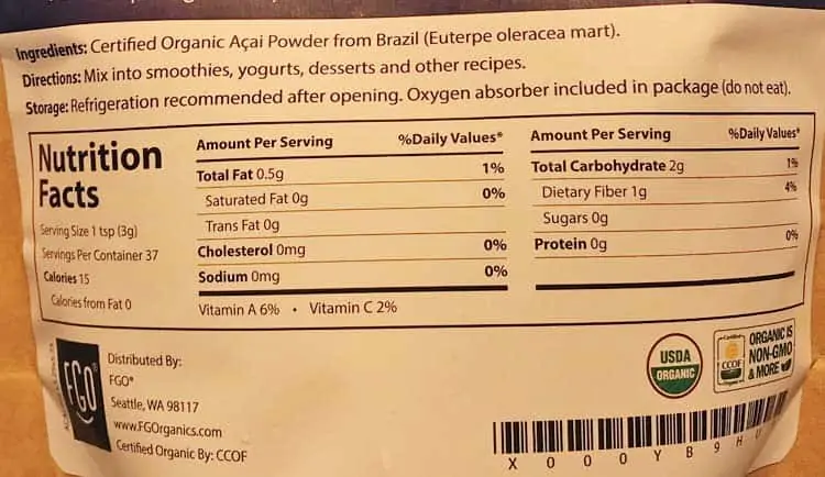 acai nutrition facts and ingredients label for Feel Good Organics